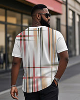 Men's Plus Size Casual White Contrast Plaid Print Henry Collar Button Short Sleeve T-Shirt